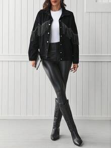 EMERY ROSE Fringe Trim Drop Shoulder Denim Jacket