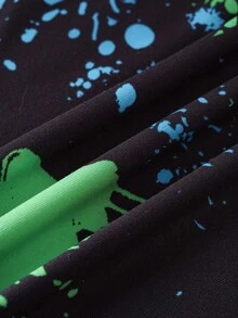 Discovery X SHEIN Tween Boy 绿色扎染恐龙印花圆领上衣弹力罗纹裤紧身睡衣套装，秋冬 - 黑色 - 查看 6