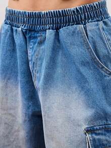 COUREZ Low Waist Elasticated Waistband Cargo Denim Shorts /Y2K  Women Clothes  Clothes Casual Cute Elegant Vacaction Summer Back To School - Light Wash - View 7