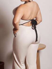 Lupita Cardoza Women's Sexy Contrast Color Trim Backless Halter Neck Top And Long Pants 2 Pieces Set - Apricot - View 2