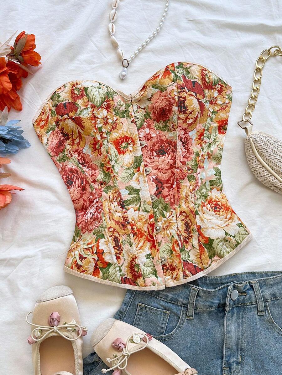 Soleia Casual Outono para Mulheres Saindo Tops Mulheres Roupas de Outono Nova Moda Outono Mulheres Corset Floral Estampa Bandeau Top, Adequado para Férias de Verão Concerto Country - Multicolorido - Ver 1