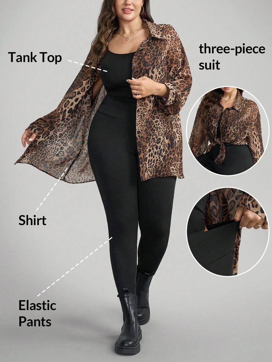 SHEIN LUNE Bộ 3 áo sơ mi, áo hai dây và quần legging họa tiết da báo cỡ lớn cho nữ - Nhiều màu - Xem 1