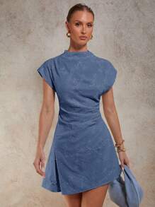 COSMINA Women's Elegant Solid Color Floral Embroidery Mini Dress, Summer - Blue - View 5