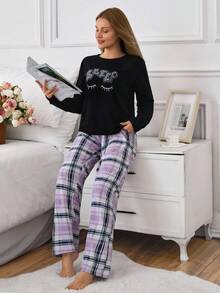 EURMUSE 加字母和格子印花长袖上衣配裤子睡衣套装睡衣套装 - 黑色 - 查看 3