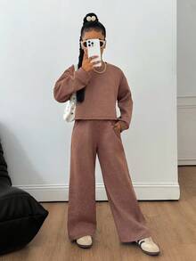 Sparklyn Tween Girls Casual All-Match Versatile Daily School Sports Street Acid-Washed Loose Cropped Sweatshirt + Wide Leg Pants Set Fall Winter - Brown - View 5