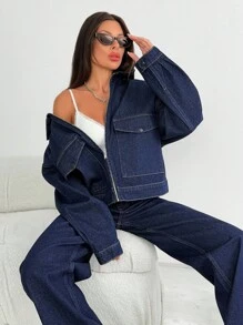 EURMUSE DWUCZĘŚCIOWY STRÓJ KOBIECY KURTKA DŻINSOWA I DŻINSY Z SZEROKĄ NOGAWKĄ I WYSOKIM STANEM