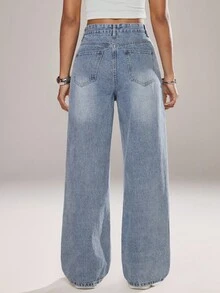 Jeanoix Women's Pocketed Wide Leg Loose Casual Versatile Denim Pants - Medium Wash - View 2