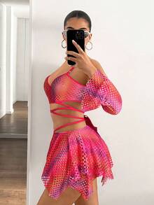 SHEIN ICON Y2K 音乐节派对俱乐部性感彩色网眼透视系带吊带背心和不对称下摆迷你裙两件套渔网两件套度假装女士 2 件套 - 彩色 - 查看 6