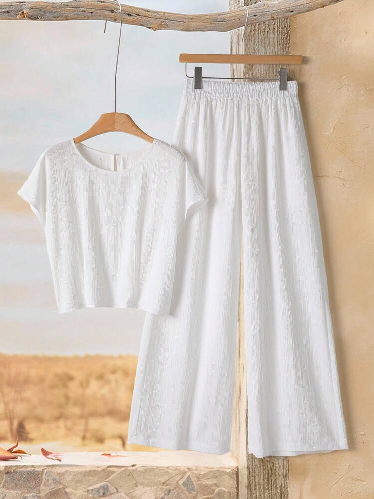 2pcs Women Solid Color Casual Round Neck Short Sleeve Top And Pants Set Business Casual Woman Two Pieces White Set Women White Two Pieces Set Women Wide Leg Pants Set Summer Pants Sets 2 Pieces Linen Sets Women Fall Clothes For Women Autumn Clothes Autumn Women Women's Winter Clothes