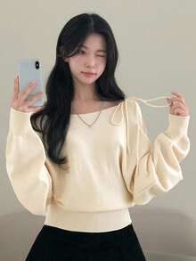 DAZY 女士时尚斜肩系带针织毛衣，秋冬季叠穿单品，露肩上衣，可爱上衣 - 杏色 - 查看 7