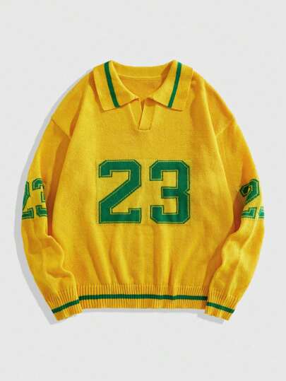 Prep Men's Turndown Collar Jacquard Knit Sweater, College Football Sports