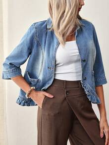 EMERY ROSE 女式翻领 3/4 袖荷叶边下摆休闲牛仔夹克 - 藍色 - 查看 5
