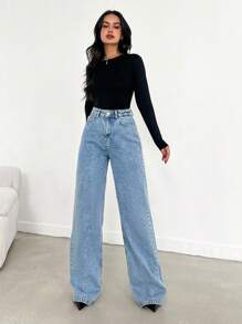 EURMUSE HIGH WAIST WIDE LEG LONG HEM BLUE JEAN - 716 GR - Medium Wash - View 5