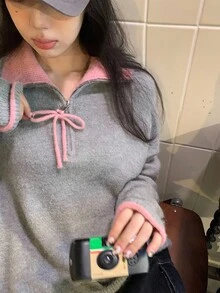 DAZY 女士撞色韩版休闲长袖毛衣，秋冬 - 灰色 - 查看 6