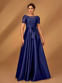 Serin Elegancka, luksusowa, romantyczna, satynowa, plisowana sukienka z siateczki, z aplikacją z koralików, z krótkim rękawem i kokardą w kształcie litery A, idealna na wieczorne przyjęcie, randkę, wakacje, bal, wesele, sukienkę dla panny młodej i matki