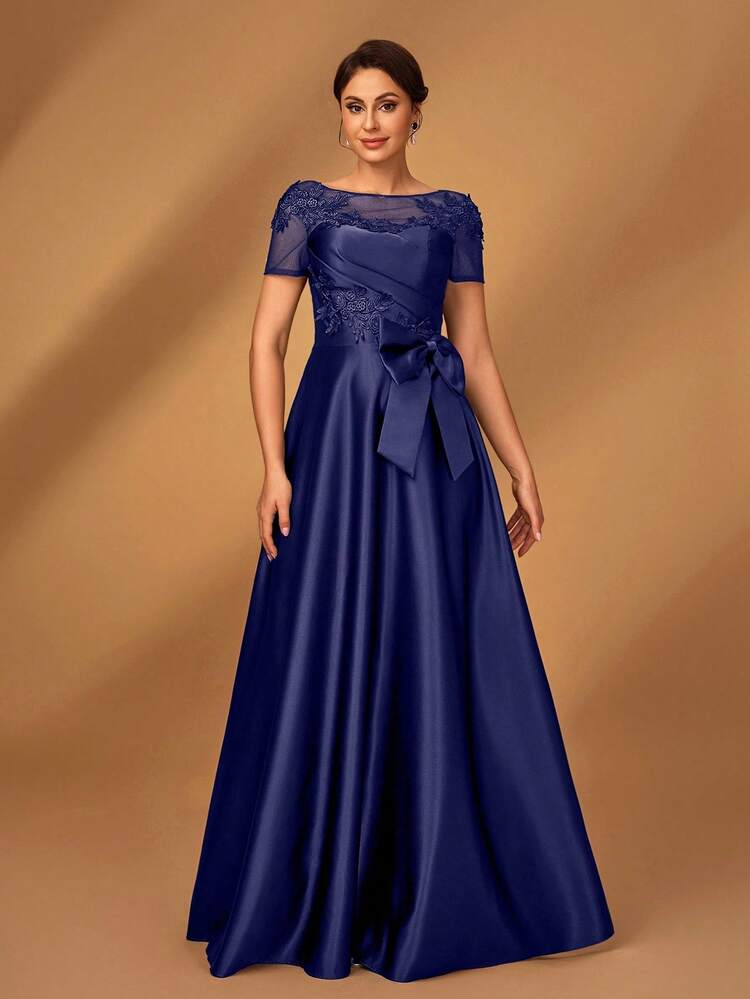 Serin Elegant Luxurious Romantic Mesh Patchwork Satin Pleated Luxury Beaded Applique Short Sleeve Bow A-Line Hem Dress, Suitable For Evening Party, Date, Vacation, Ball, Wedding, Bride Mother Dress, Valentine's Day - Navy Blue - View 6