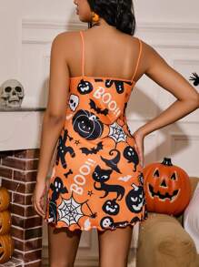 Miss Vinta Cute Halloween Pumpkin & Bat Print Camisole Nightgown For Women, For Halloween Party - Multicolor - View 2