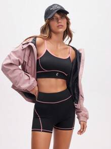Eassivo Eassivo Women's Black Two Piecs Sports Set With Pink Contrast Lines And Reflective Logo For Yoga And Fitness - Multicolor - View 9