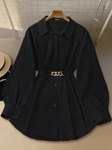 SHEIN CURVE+ 优雅休闲日常金属装饰蝴蝶结后背带大码女式衬衫 - 黑色 - 查看 1