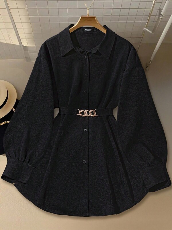 SHEIN CURVE+ 优雅休闲日常金属装饰蝴蝶结后背带大码女式衬衫