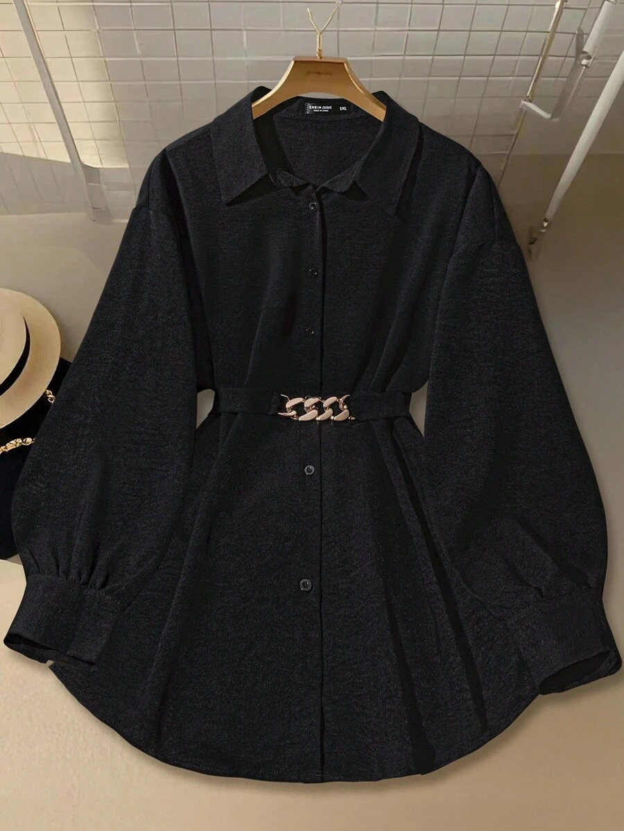 SHEIN CURVE+ 优雅休闲日常金属装饰蝴蝶结后背带大码女式衬衫 - 黑色 - 查看 1