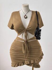 Sunspun Plus Size Sexy Solid V-Neck Tie-Up Ruched Waist Hollow Out Bodycon Dress - Khaki - View 1