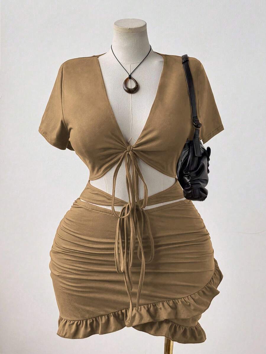 Sunspun Plus Size Sexy Solid V-Neck Tie-Up Ruched Waist Hollow Out Bodycon Dress - Khaki - View 1