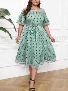 SHEIN Clasi Vestido de verano elegante de talla grande con parches de malla y estampado de lunares