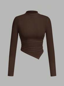 SHEIN SXY 2 件套不对称下摆立领长袖 T 恤，黑色和棕色 - 棕色 - 查看 8