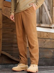 Manfinity Nomadique Men's Casual Solid Color Drawstring Pocket Pants , Corduroy - Khaki - View 5