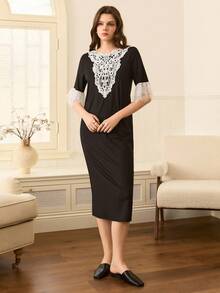 Women's Summer Lace Patchwork Ruffle Sleeve Nightgown - Black - View 4