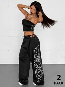 Coolane 女士夏季狂欢装节日街头服饰 Y2K Grunge Gyaru 钻石图案弹力抹胸和阔腿运动裤两件套服装