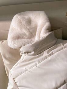 女童修身毛绒拼接加厚拉链连帽派克大衣，米色，温暖，美观，时尚外套