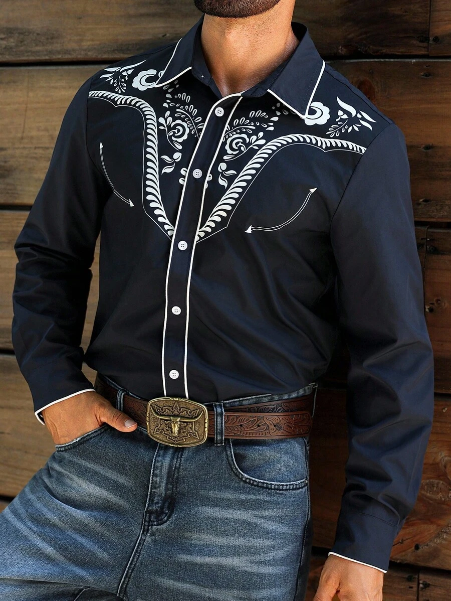 Manfinity Nomadique Men's Minimalist Print Long Sleeve Shirt Button-Down Fit Western Shirt, Fall - Navy Blue - View 1