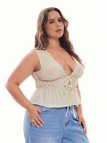 Solavibe Plus Size Women Solid Textured Front Tie Tank Top