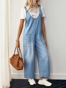 EMERY ROSE Women's Casual Versatile Daily Wear Denim Bib & Brace Overall Jumpsuit With Pockets - Light Wash - View 3