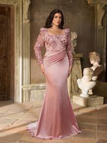 Aureia Vestido elegante, romántico y lujoso de talla grande con cuello cuadrado transparente, mangas largas, puños fruncidos, dobladillo de cola de pez con cola, adornado con bordados de loto rosa, cuentas y parches de satén elástico. Adecuado para fiestas de noche, citas, bailes de graduación, ceremonias de graduación y vestidos de gala formales (con mucho adorno) - Rosa vieja - Ver 2