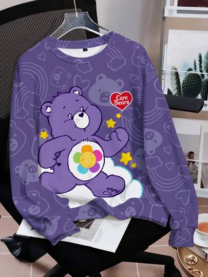SHEIN X Care Bears Women's Casual Purple Cloud, Star & Letter Print Crew Neck Long Sleeve Sweatshirt, Comfortable For Autumn/Winter