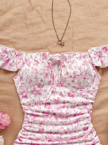 Soleia Vestido mini ajustado con volantes y estampado floral para vacaciones de verano de mujer