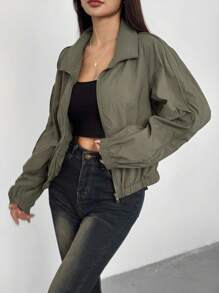 Feyla 女式短款休闲实用绿色夹克，秋冬防晒 - 綠色 - 查看 3