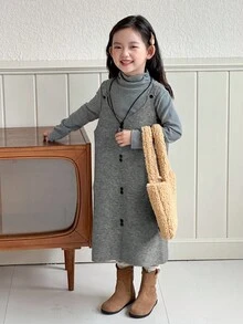 DAZY Young Girl Solid Color V-Neck Sleeveless Korean Style Layered Knit Dress Fall, Winter - Grey - View 1