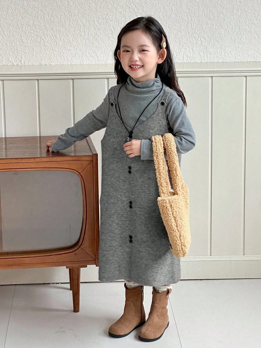 DAZY Young Girl Solid Color V-Neck Sleeveless Korean Style Layered Knit Dress Fall, Winter - Grey - View 1