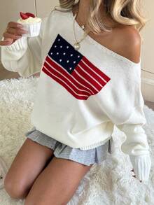 SHEIN 少女超大号不对称肩部宽松休闲套头衫，带有国旗图案，新年夜长袖运动衫上衣，保暖，时尚街头，休闲运动，英语图案，少女服装，百搭，宽松版型，返校，运动，学院，复古 - 白色 - 查看 7