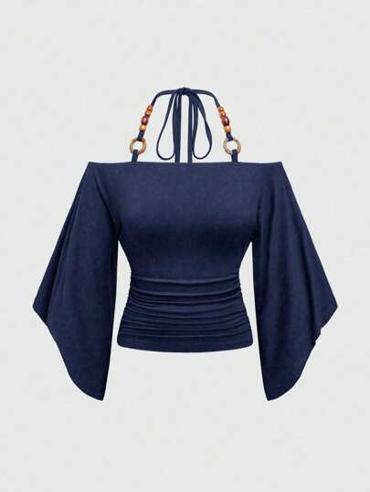 Hippie Maglietta da donna vintage con scollo a spalle scoperte, decorazione in perle di legno e maniche a pipistrello