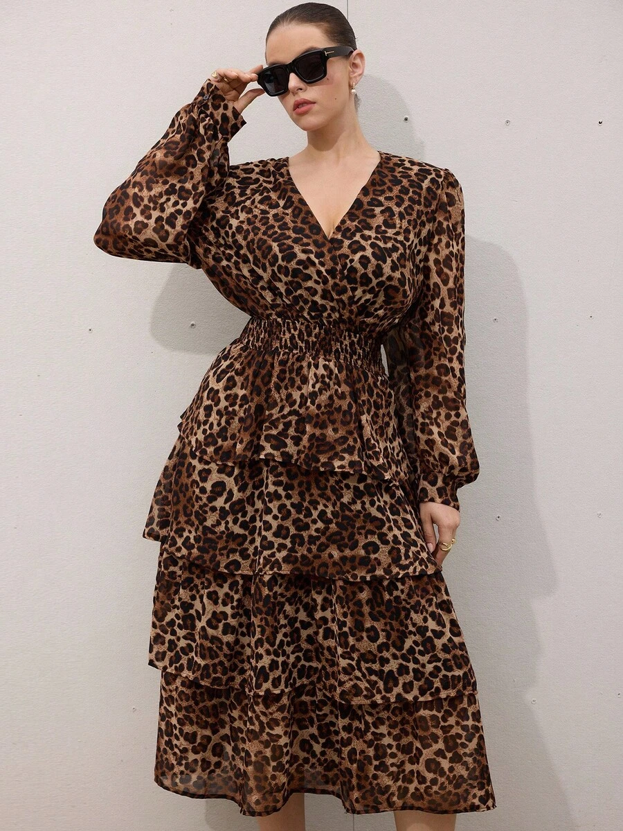 Aveloria Modichic Leopard Print Vintage V-Neck Waist Cinched Plus Size Layered Dress With Long Sleeves - Multicolor - View 1