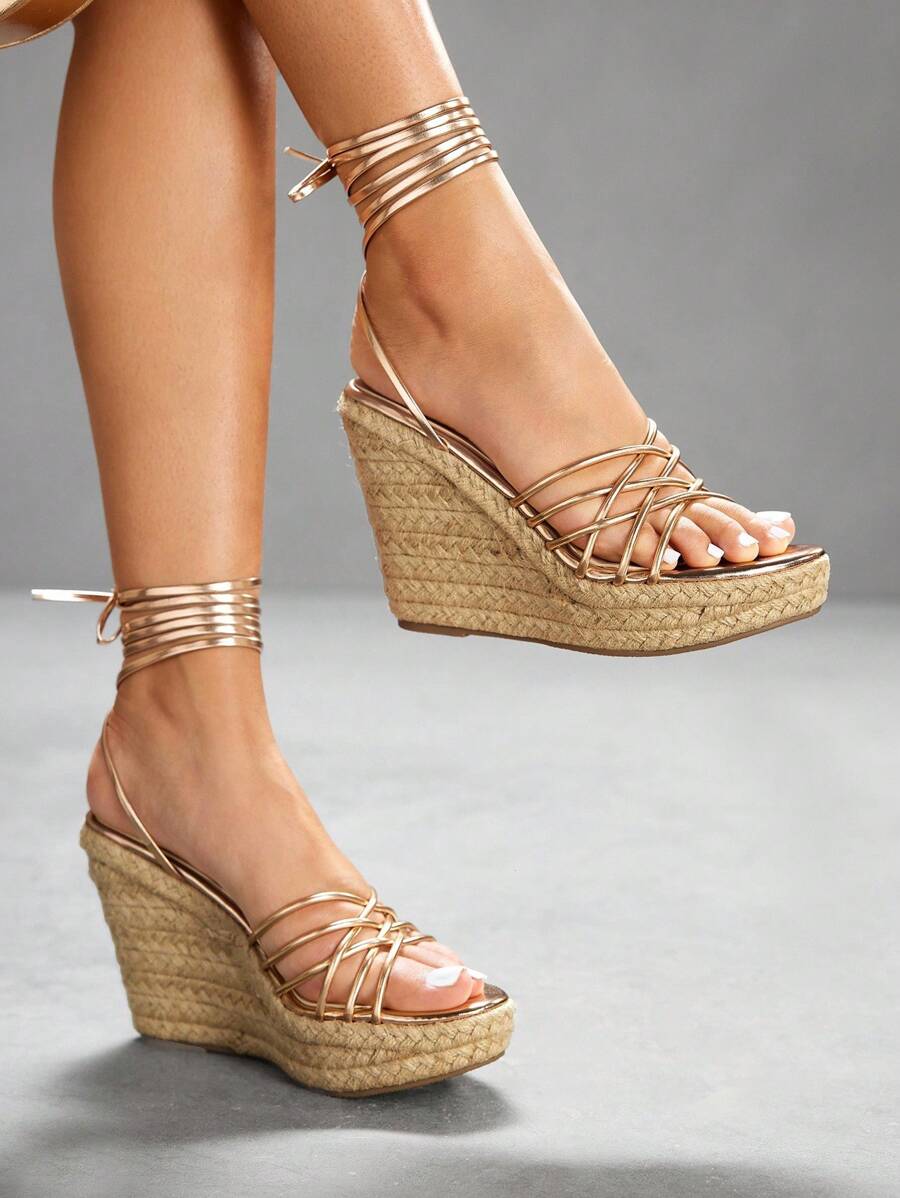 CUCCOO SZL Women's Fashion Champagne Color Thin Strap Combination Lace-Up Jute Rope Bottom Wedge Sandals, Suitable For Commuting, Dating, Party, Holiday, And Vacation