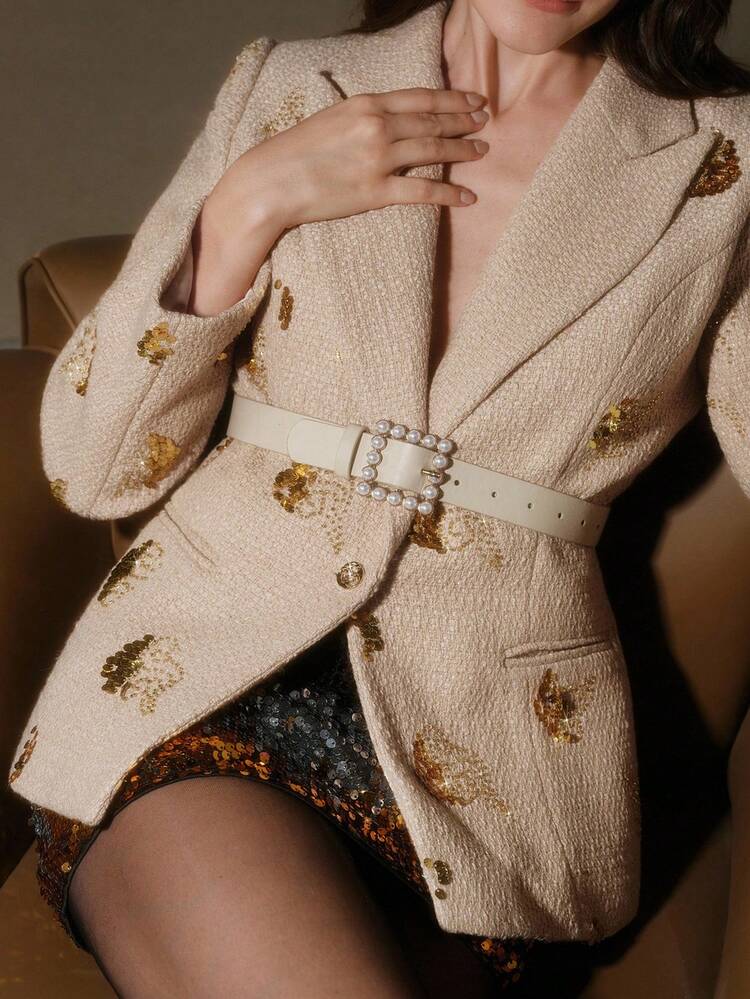 女性用エレガントツイードスパンコール衿長袖フィットオーバーコート、冬用