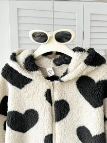 SHEIN Serisse Kids Kurtka z polaru dla dziewczynek w kształcie serca, z kapturem i zamkiem błyskawicznym, idealna na jesień/zimę, idealna na zewnątrz i do szkoły