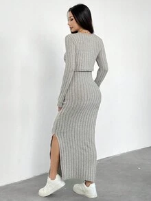 2 件套：休闲罗纹短款飞行员夹克 + 修身短款连衣裙，适合少女穿着，舒适百搭，秋冬 - 杏色 - 查看 3