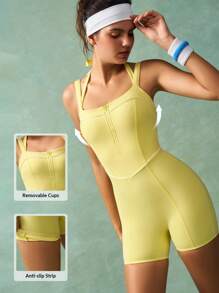 VARSIVA Women's Solid Color Zipper Half Placket Camisole Sports Romper - Yellow - View 2